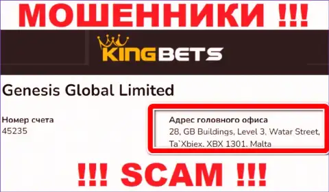 Из организации KingBets вернуть назад деньги не выйдет - указанные мошенники засели в оффшоре: 28, GB Buildings, Level 3, Watar Street, Ta`Xbiex, XBX 1301, Malta