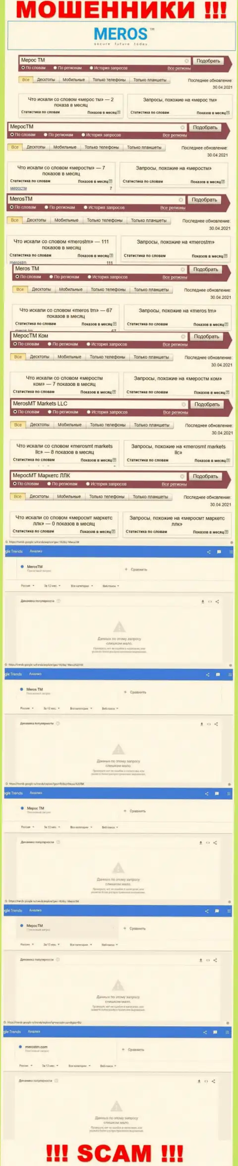 Детальная информация по числу онлайн-запросов по мошенникам MerosTM Com в глобальной сети internet