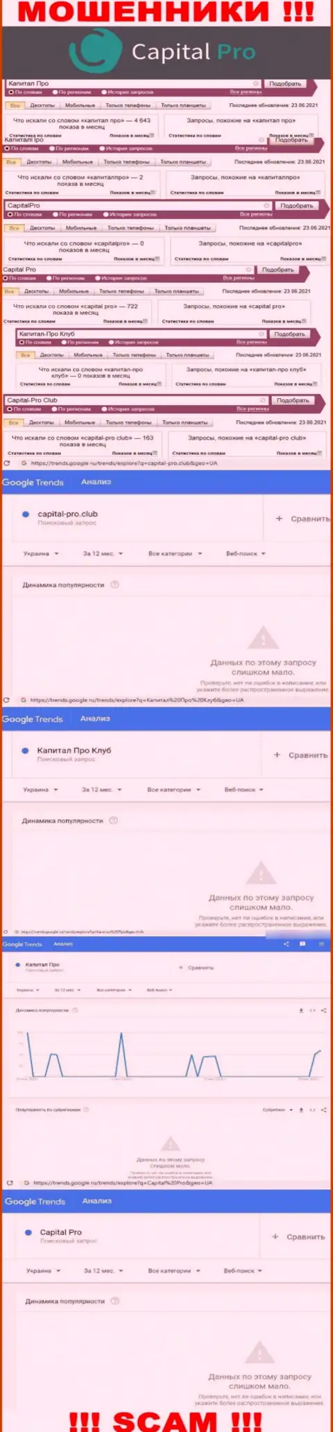 Статистические сведения по бренду Capital Pro Club, сколько лохов заинтересовались этими интернет мошенниками