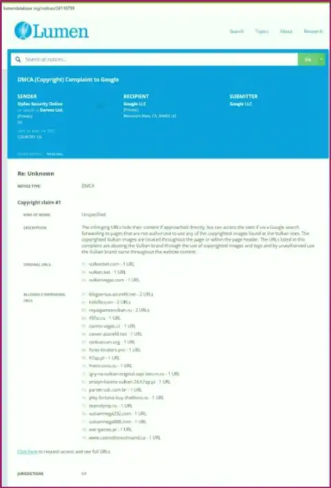 Жалоба интернет-мошенников Vulkan Royal в Digital Millennium Copyright Act
