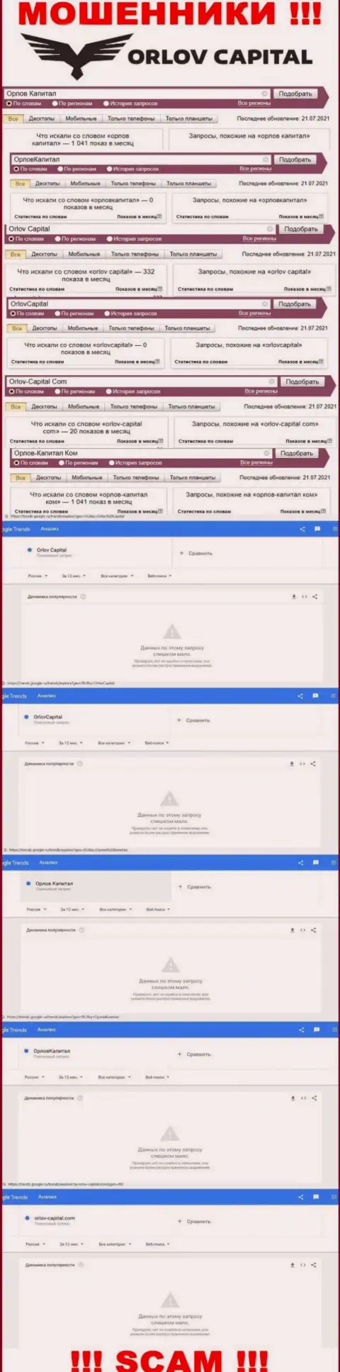 Статистические сведения по онлайн-запросам в сети инфы о аферистах Орлов Капитал