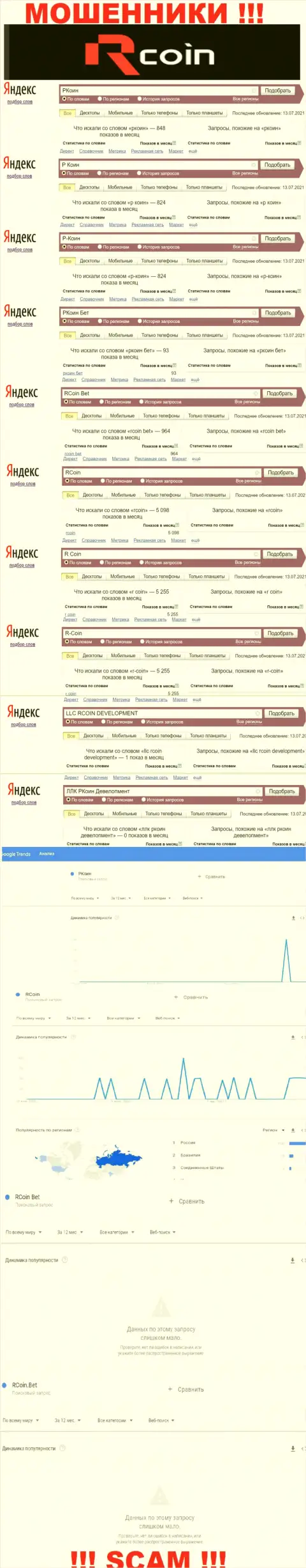 Количество онлайн-запросов по обманщикам РКоин в инете