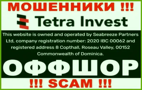 На веб-портале мошенников ТетраИнвест говорится, что они расположены в оффшоре - 8 Copthall, Roseau Valley, 00152 Commonwealth of Dominica, будьте осторожны