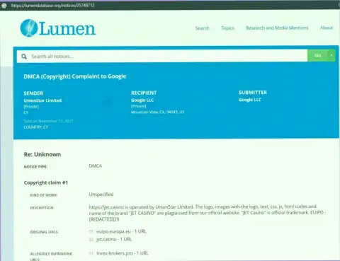 Жалоба на онлайн-ресурс Forex-Brokers.Pro, опубликовавший материал о мошенниках Джет Казино