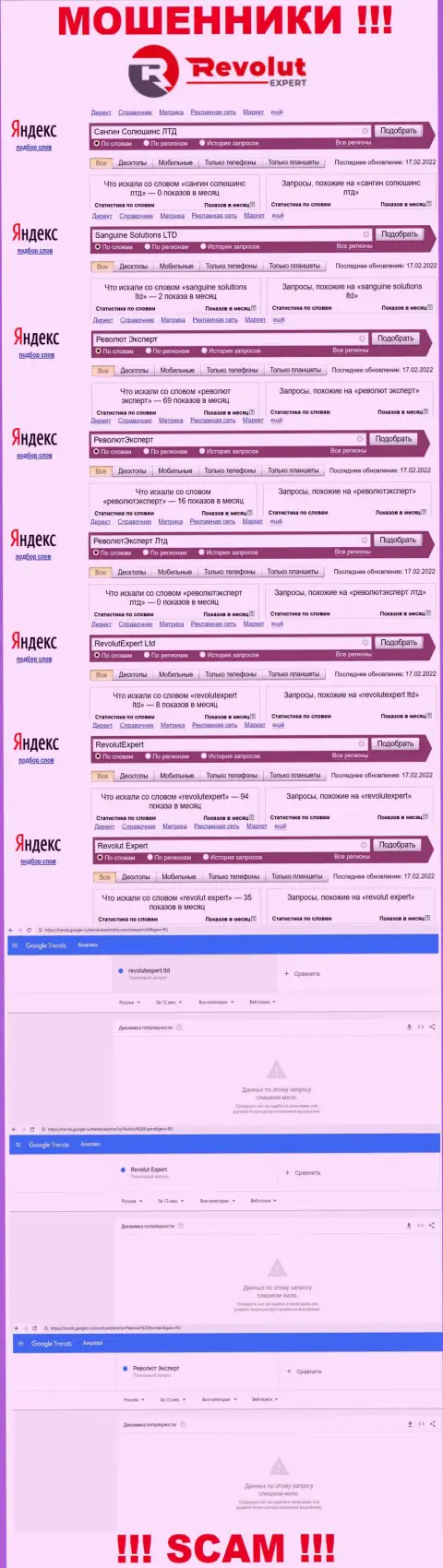 Статистические данные об онлайн-запросах по бренду мошенников Револют Эксперт