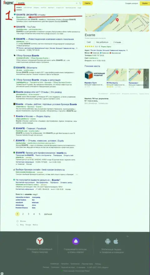 Сайт EXANTE Pro на первой строчке поисковой выдачи Яндекса по запросу ЭКСАНТЕ