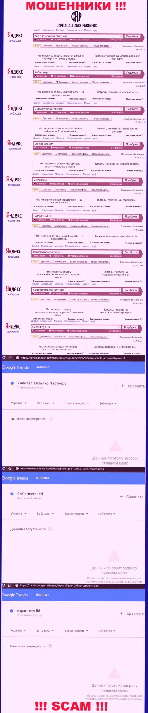 Статистика по онлайн запросам мошеннической организации CAPartners в поисковиках всемирной интернет сети