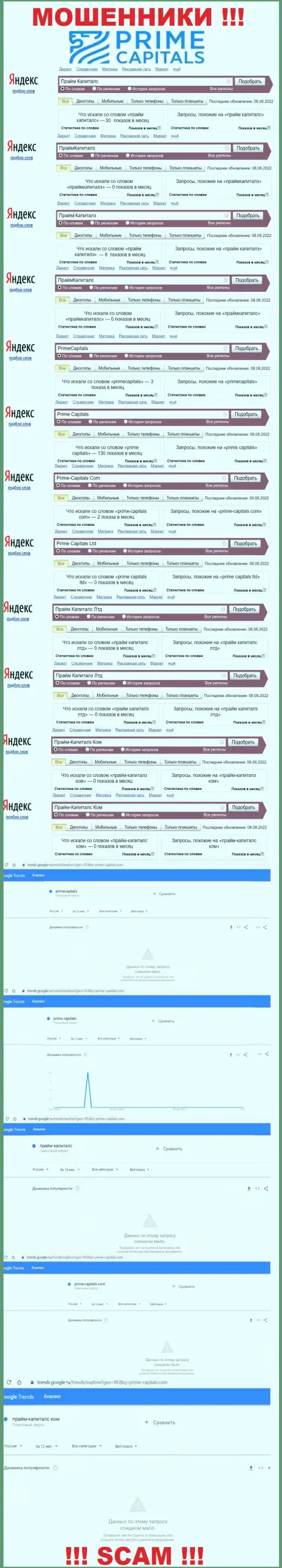 Число онлайн-запросов по обманщикам Prime Capitals в глобальной интернет сети