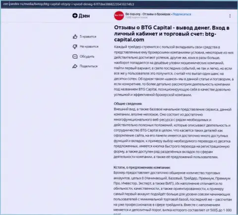Информационная статья о дилинговой компании BTG Capital, представленная на веб-портале дзен яндекс ру