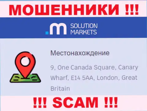 На сайте Solution Markets нет реальной информации об юридическом адресе компании - это АФЕРИСТЫ !!!