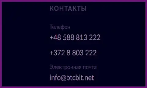 Номера телефонов и электронка online-обменника БТК Бит