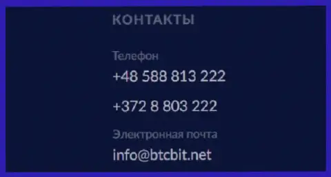 Телефоны и адрес электронной почты обменного online-пункта BTCBit Net