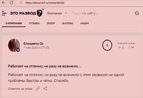 Сервис обменного онлайн пункта BTCBit Net в оценке клиентов на сайте etorazvod ru